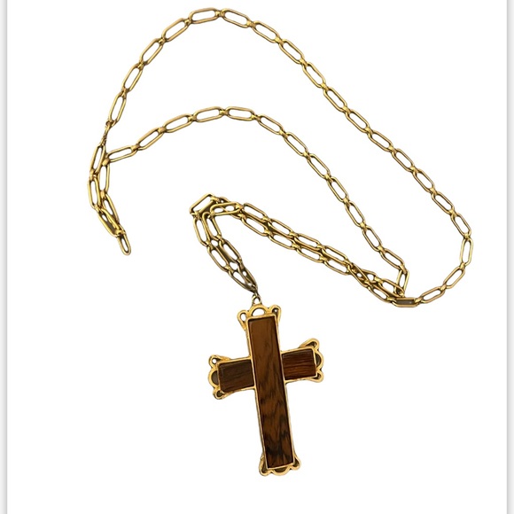 Vintage Cross Gold-Tone Brown Wood Stone Chain Necklace Religious Christmas - Picture 2 of 9